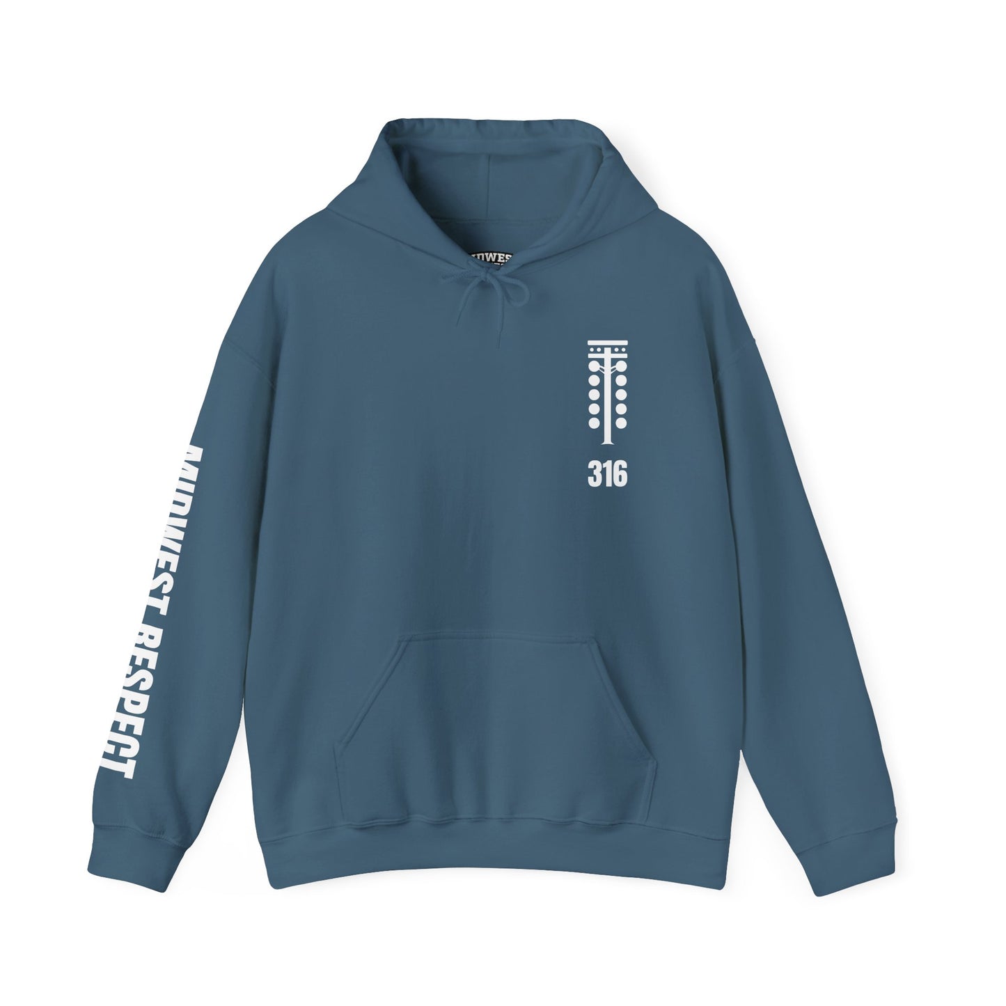 Blue hoodie with a 316 racing tree design in white on a white background