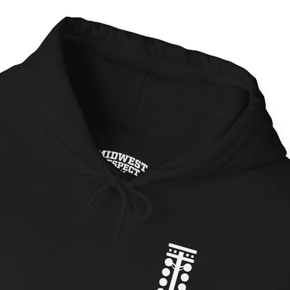 Black hoodie with a brand logo and text on a white background