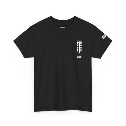 Black t-shirt with white graphics and text on a white background