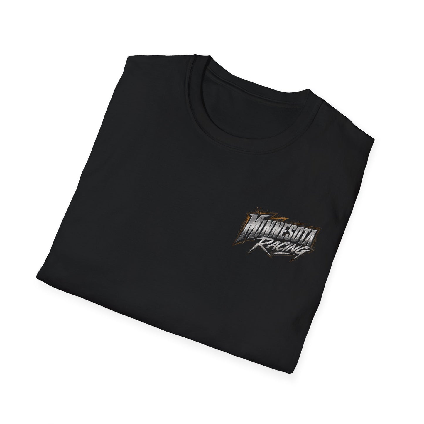 Folded black t-shirt with a white logo on a white background