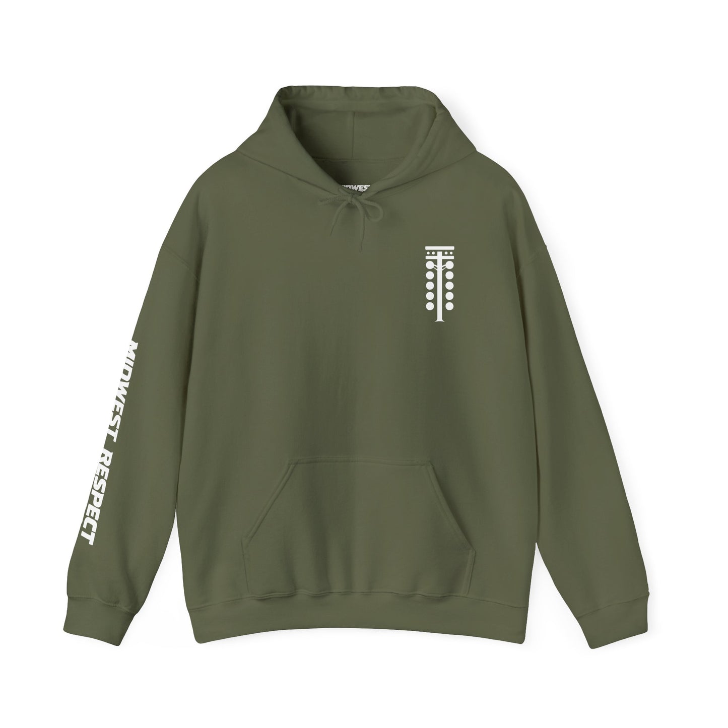 Military green hoodie with logo and text on a white background