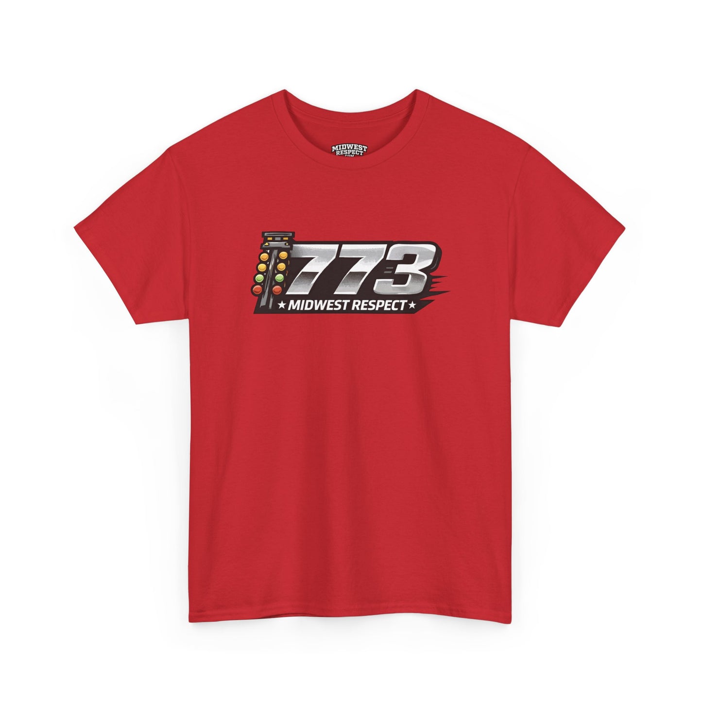 Red t-shirt with '773 Midwest Respect' graphic on a white background