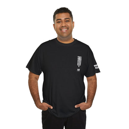 Man wearing a black t-shirt with a logo on a white background