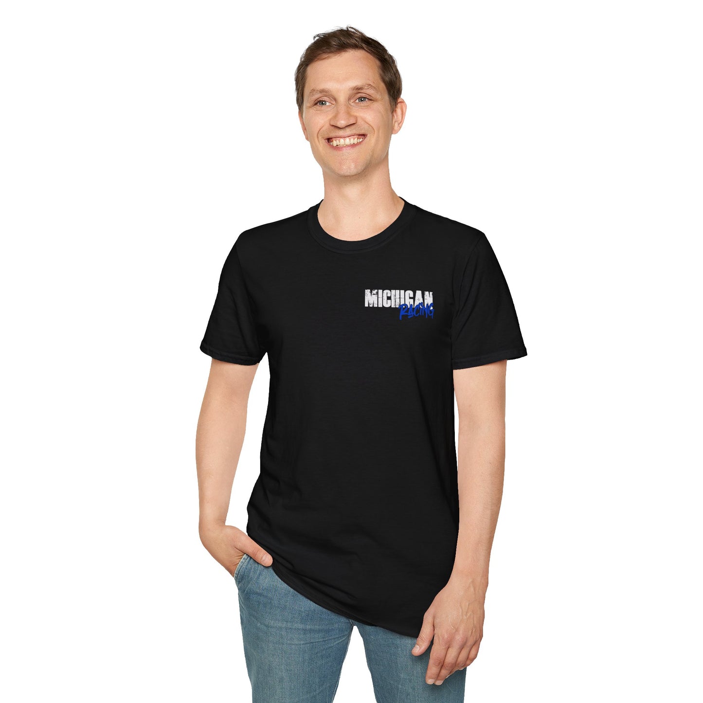 Man wearing a black t-shirt with a small logo on a white background