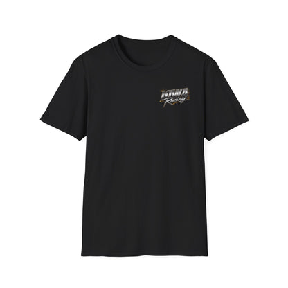 Black t-shirt with a white logo on a white background