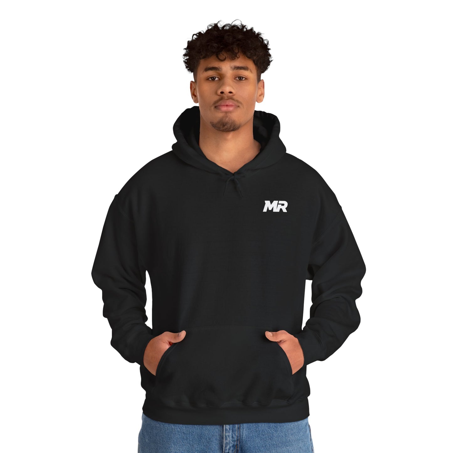 Person wearing a black hoodie with 'MR logo on a white background