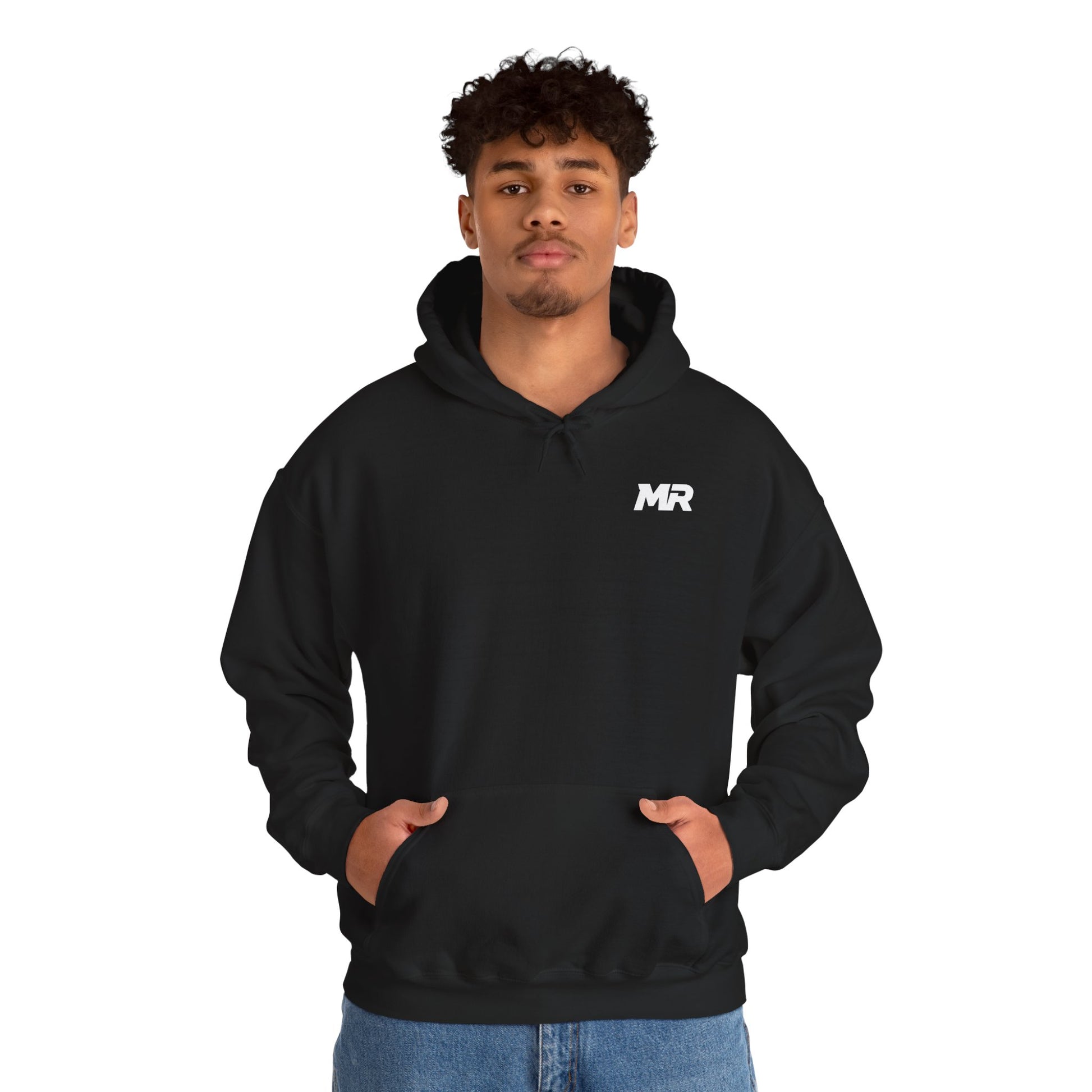 Person wearing a black hoodie with 'MR logo on a white background