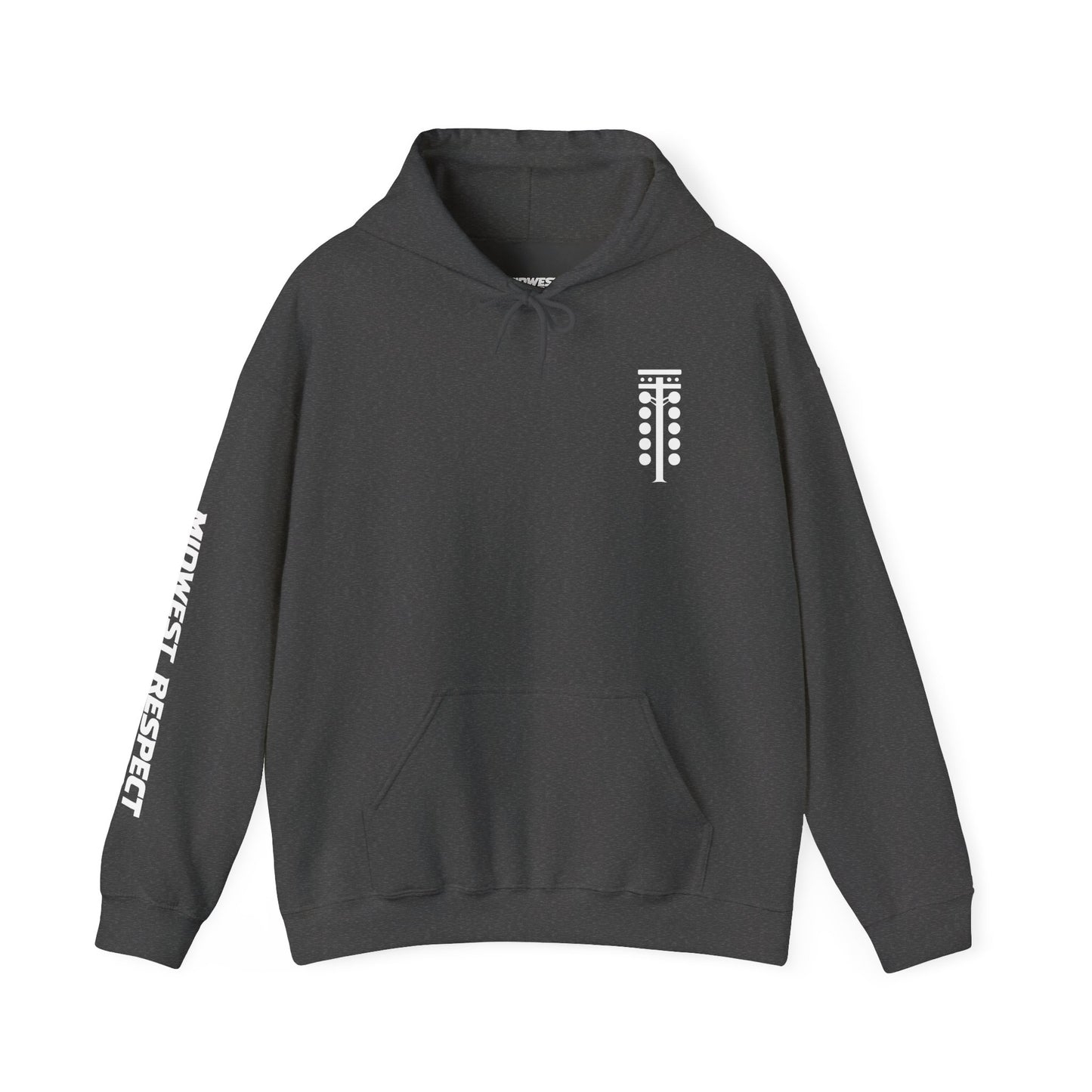 Dark gray hoodie with white logo on a white background