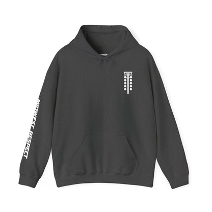 Dark gray hoodie with white logo on a white background