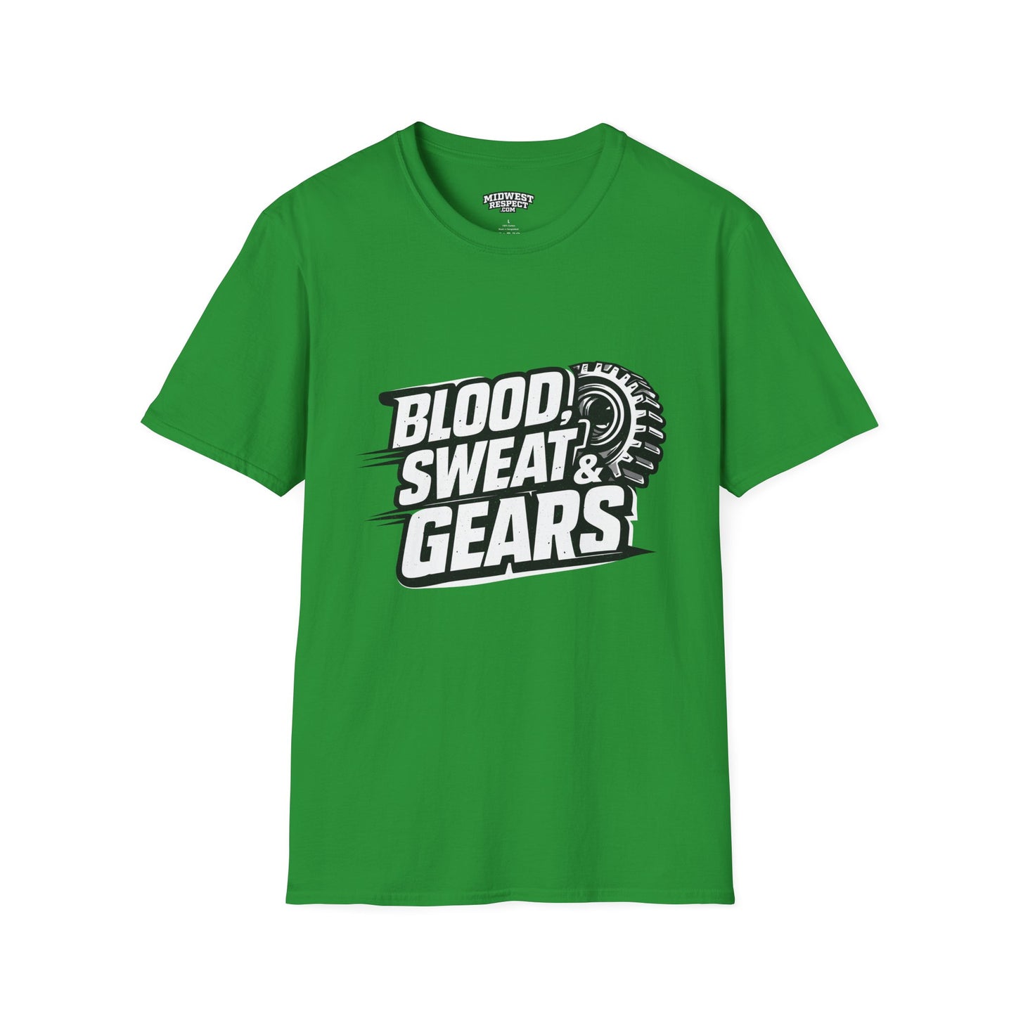 Green t-shirt with 'Blood, Sweat & Gears' text and graphic on a white background