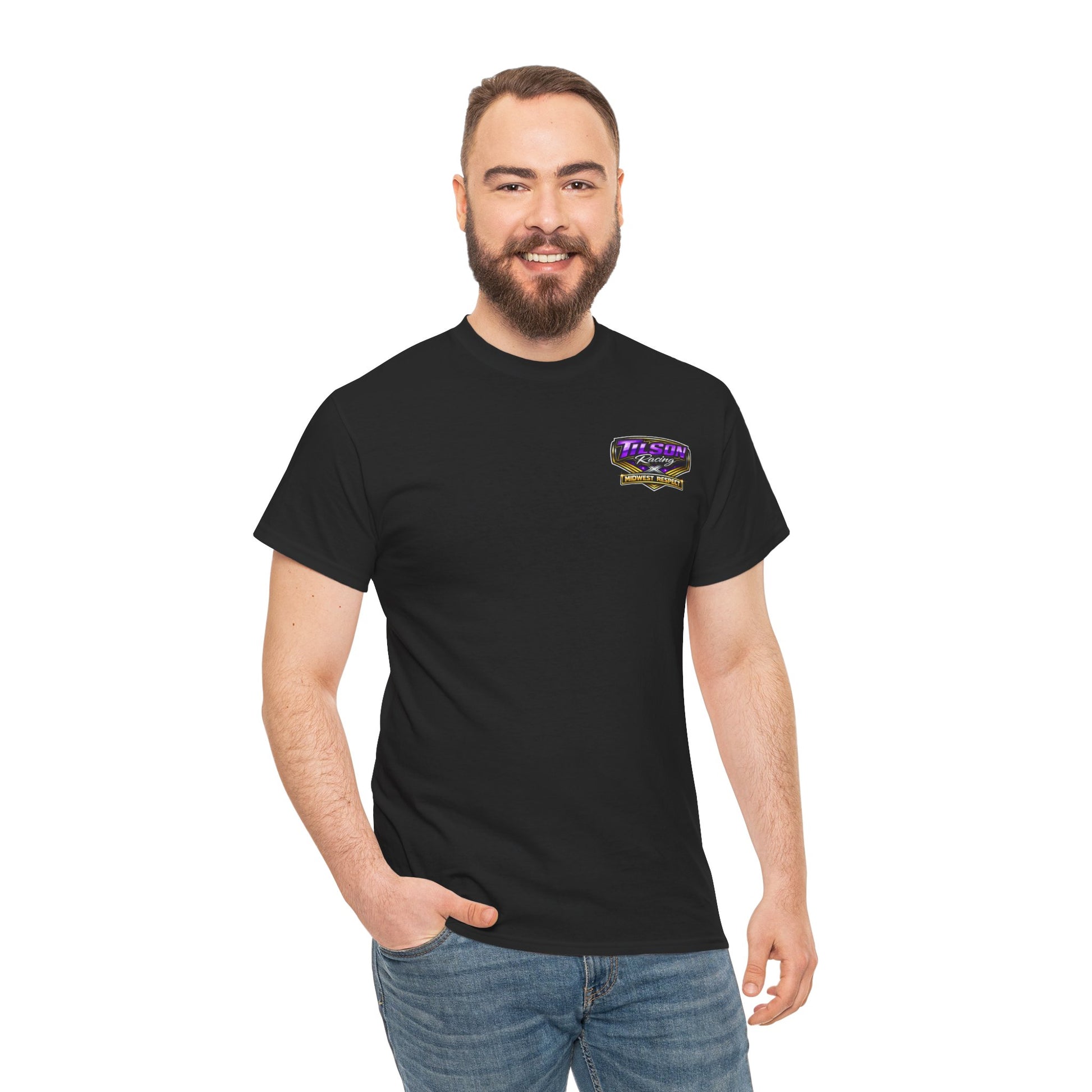 Man wearing a black t-shirt with a logo on a white background