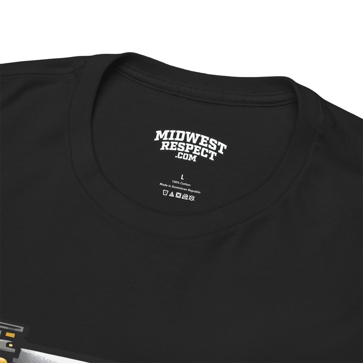 Black t-shirt with 'Midwest Respect.com' logo on a white background
