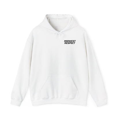 White hoodie with 'Midwest Respect' text on a white background