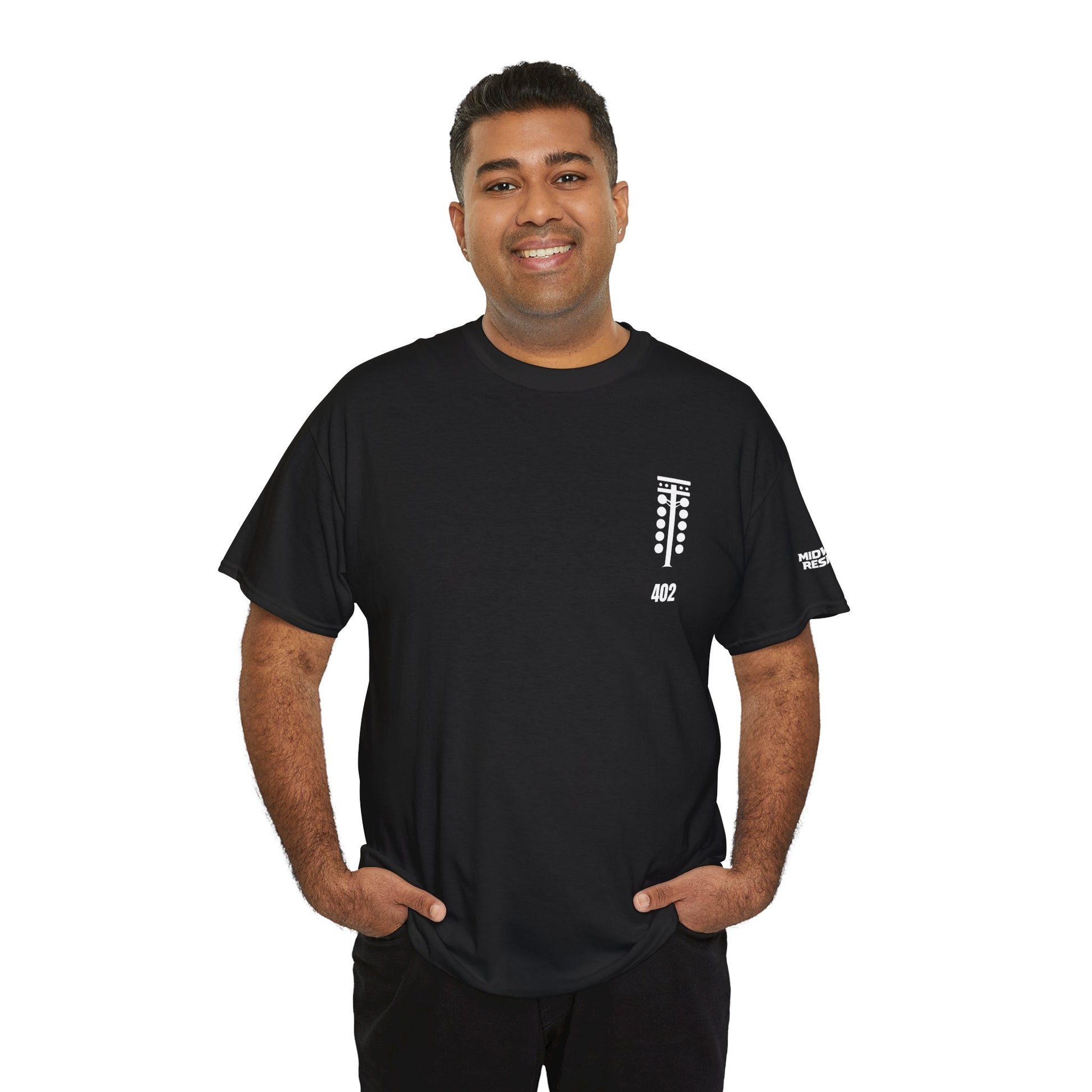 Man wearing a black t-shirt with a logo on a white background