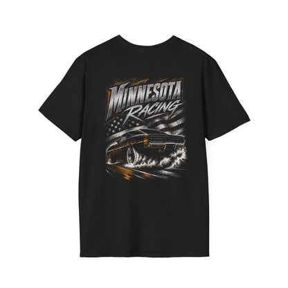 A black short-sleeve t-shirt with a large graphic on the back featuring the text 'MINNESOTA RACING' and an illustration of a muscle car drifting, set against a plain white background.