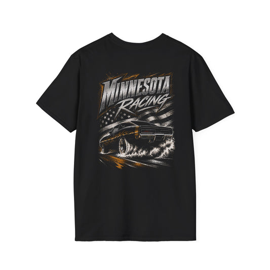 A black short-sleeve t-shirt with a large graphic on the back featuring the text 'MINNESOTA RACING' and an illustration of a muscle car drifting, set against a plain white background.