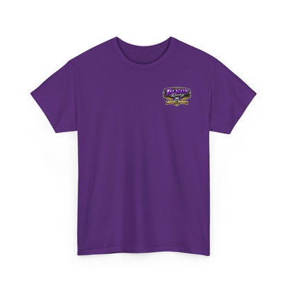 Purple t-shirt with a logo on the chest against a white background