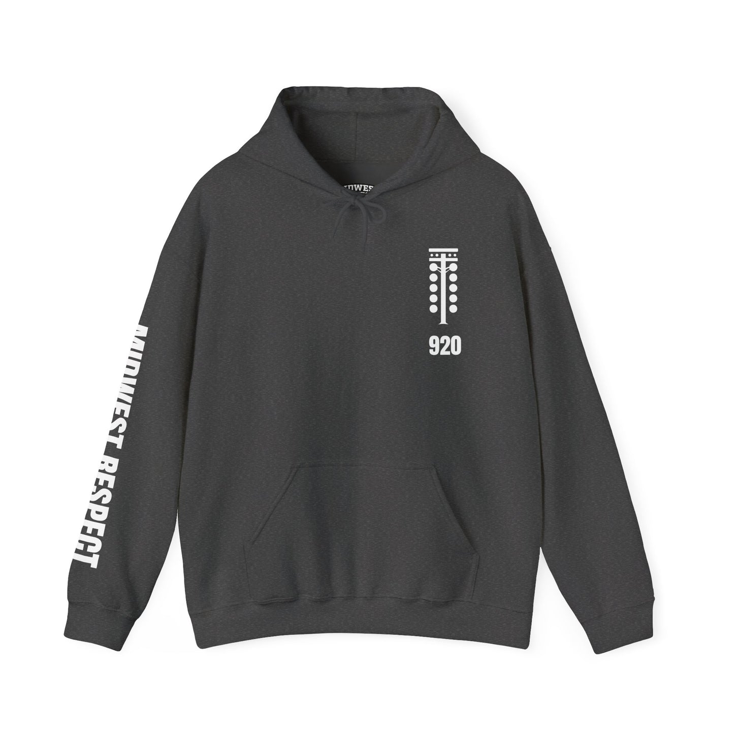 Dark gray hoodie with white text and logo on a white background