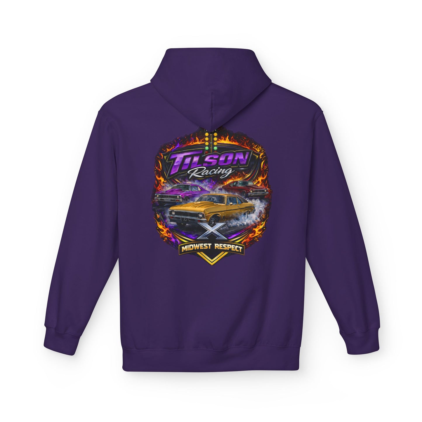 Purple hoodie with a colorful graphic design on the back featuring a car and text.