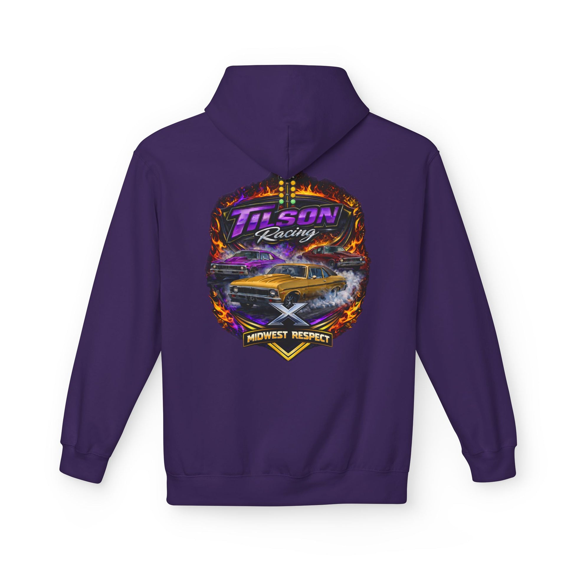 Purple hoodie with a colorful graphic design on the back featuring a car and text.