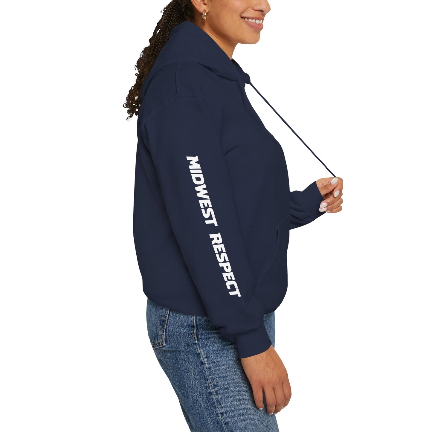 Person wearing a navy blue hoodie with white graphics on sleeves against a white background