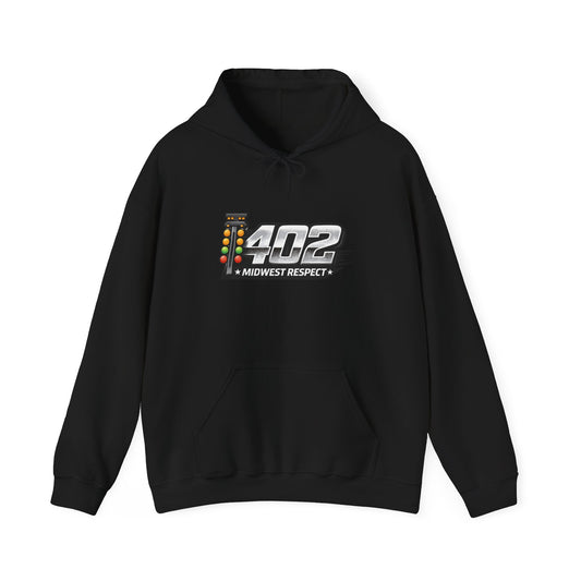 Black hoodie with a 402 logo on the chest against a white background