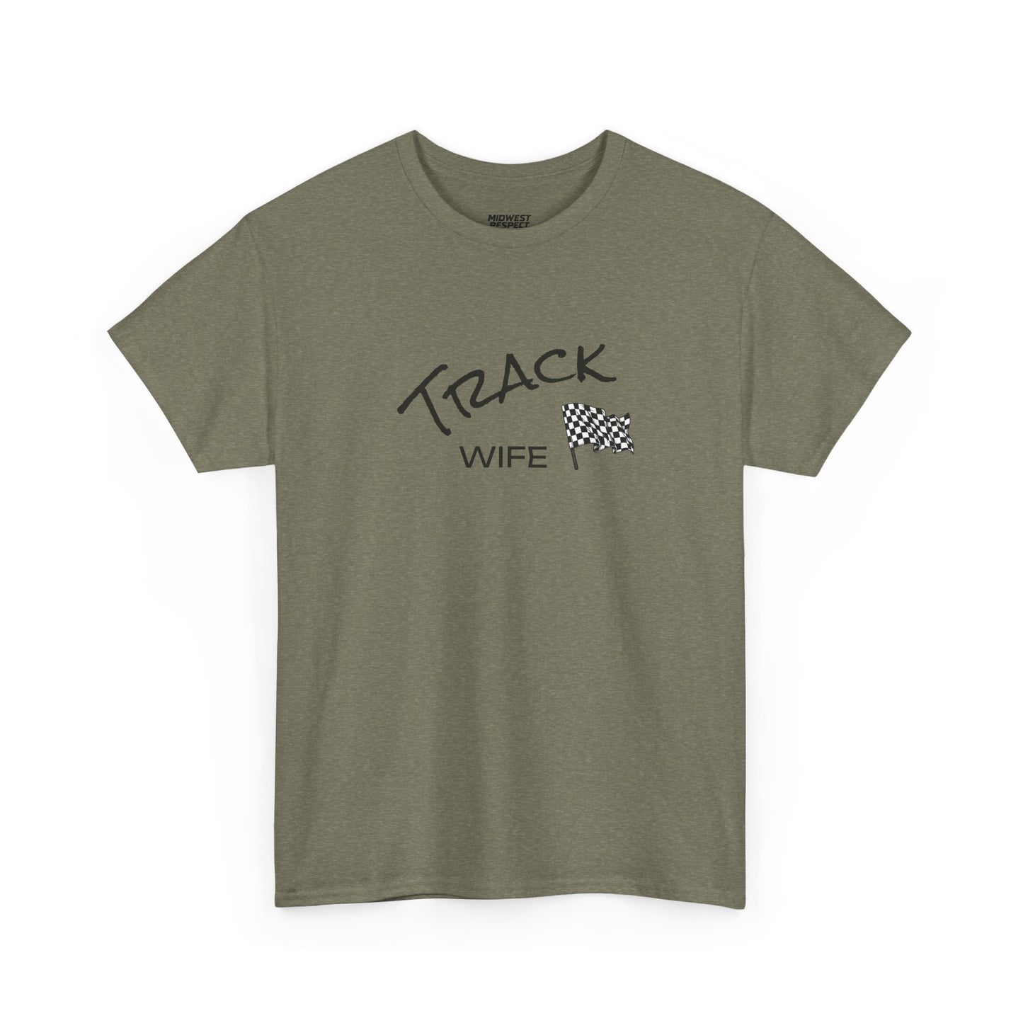 Olive green t-shirt with 'Track Wife' text and checkered flag on a white background