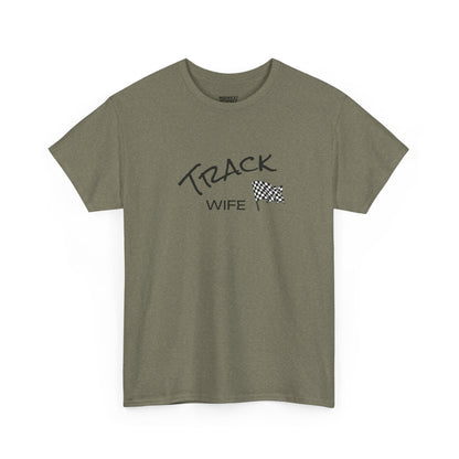 Olive green t-shirt with 'Track Wife' text and checkered flag on a white background