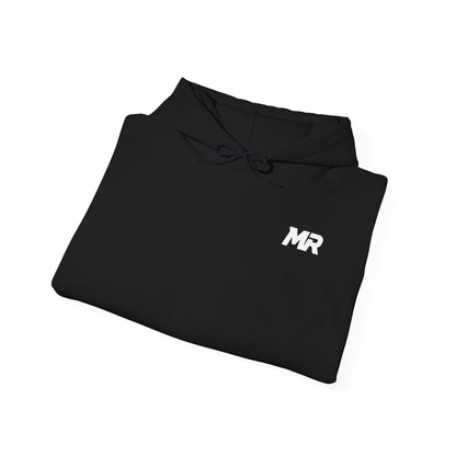 Folded black hoodie with 'MR' text on a white background