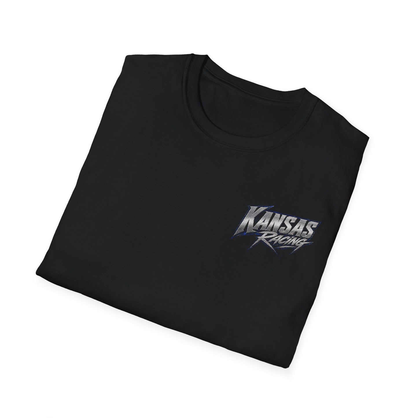 Folded black t-shirt with a small logo.