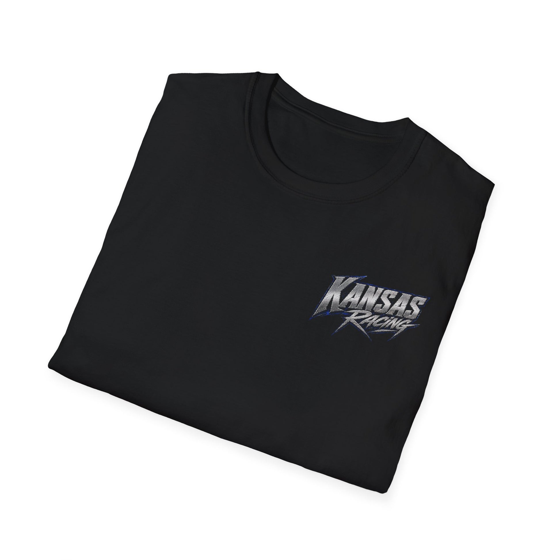 Folded black t-shirt with a small logo.