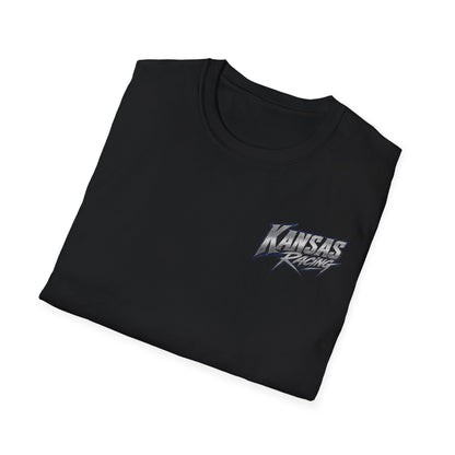 Folded black t-shirt with a small logo.