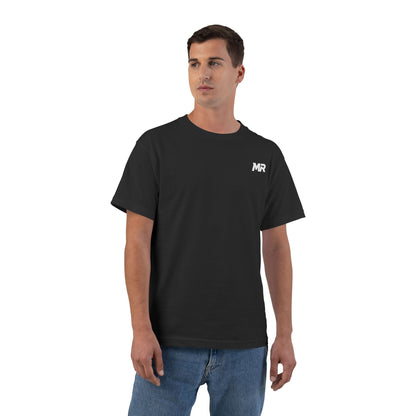 Man wearing a black t-shirt with a logo on a white background