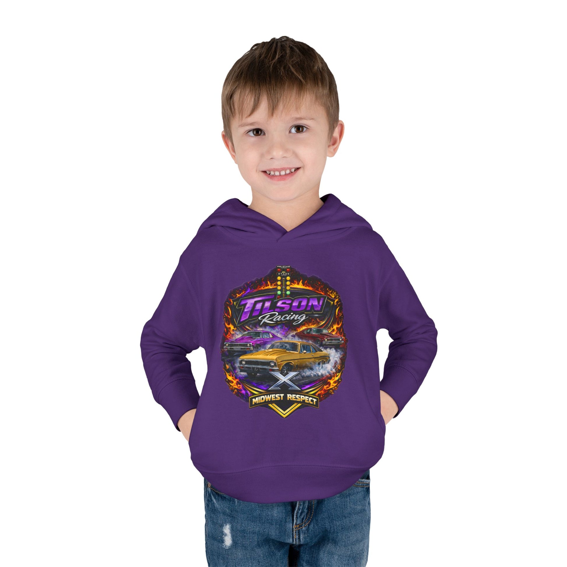 Child wearing a purple hoodie with a graphic design on a white background