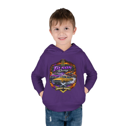 Child wearing a purple hoodie with a graphic design on a white background