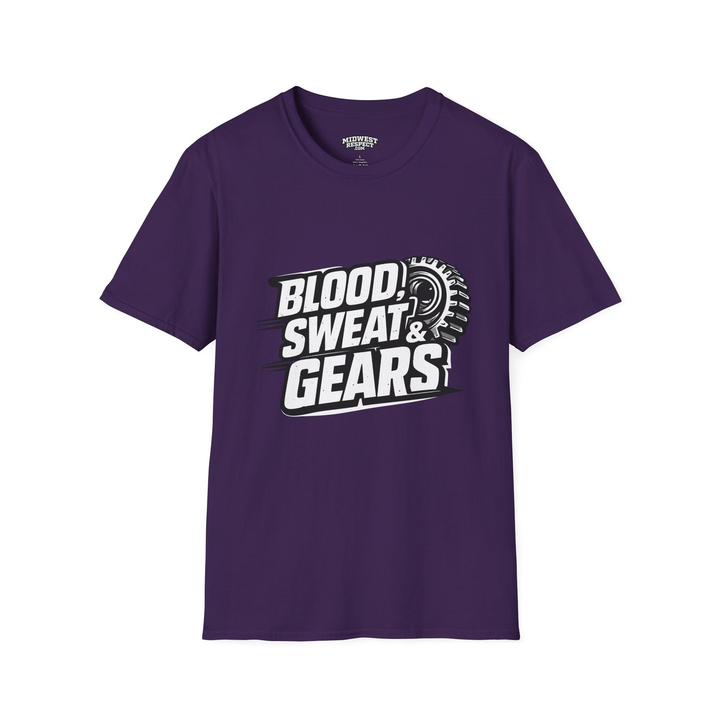 Purple t-shirt with 'Blood, Sweat & Gears' text and graphic on a white background