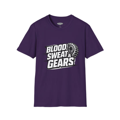 Purple t-shirt with 'Blood, Sweat & Gears' text and graphic on a white background