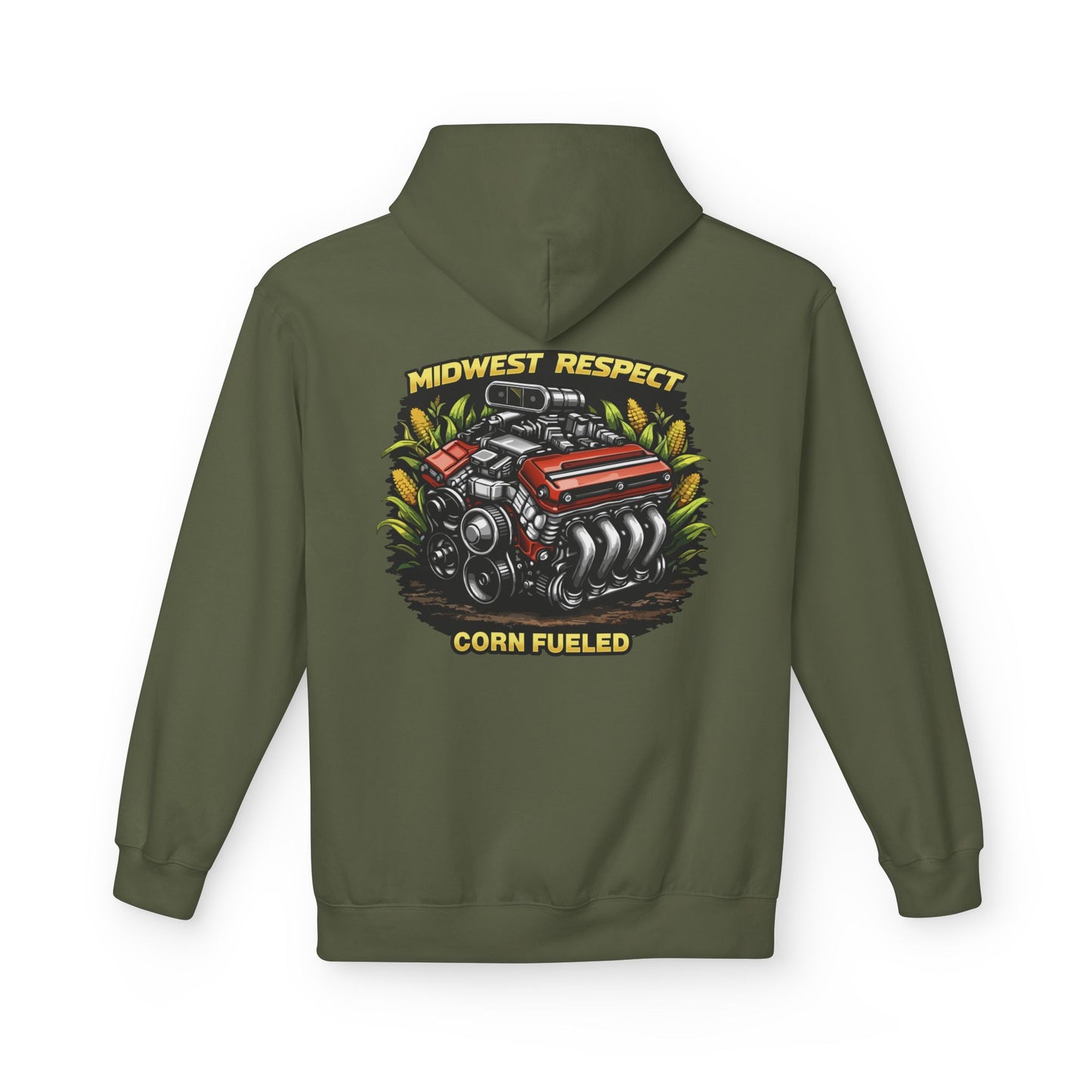 Green hoodie with a graphic of a engine and text on the back, on a white background
