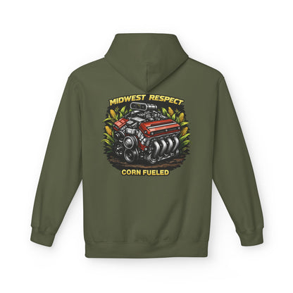 Green hoodie with a graphic of a engine and text on the back, on a white background