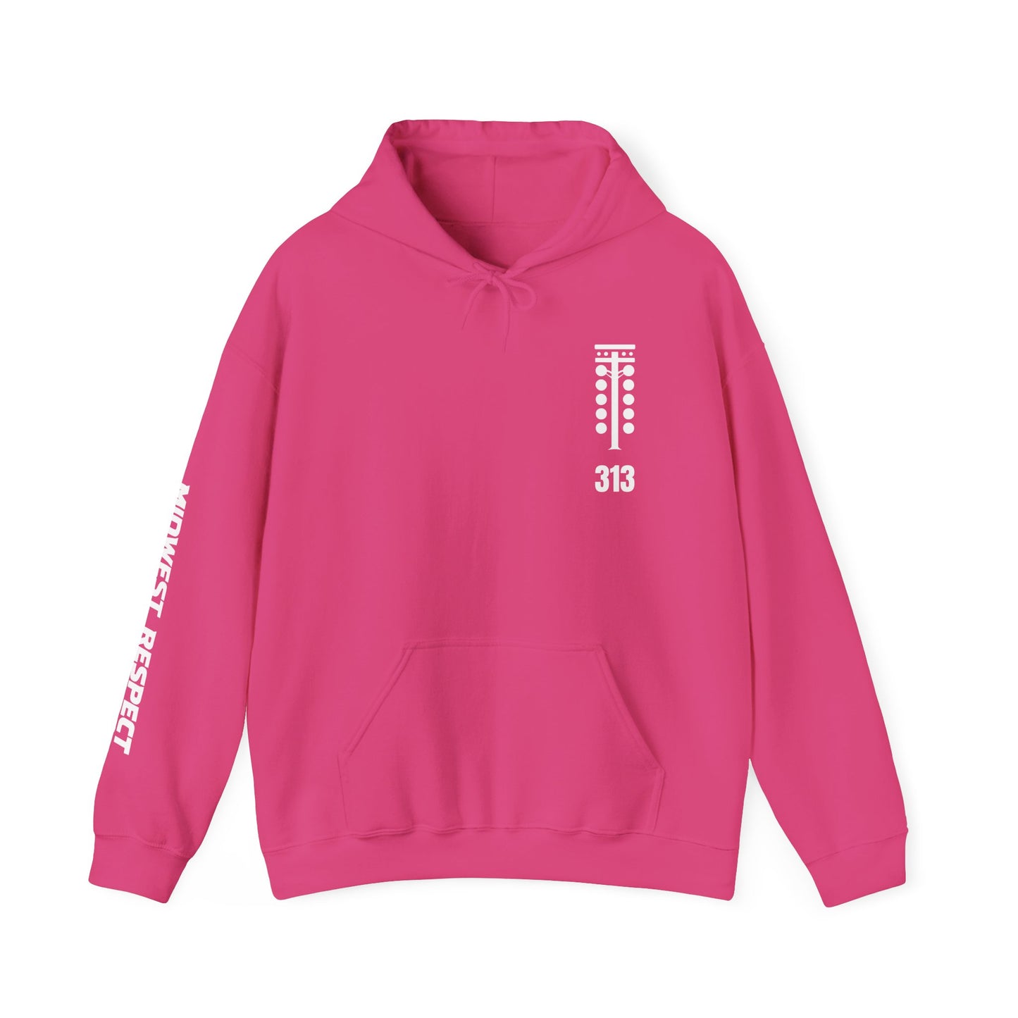 Pink hoodie with white text and design on a white background