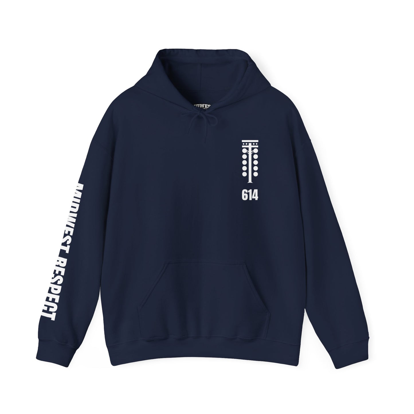 Navy blue hoodie with white text and design on a white background