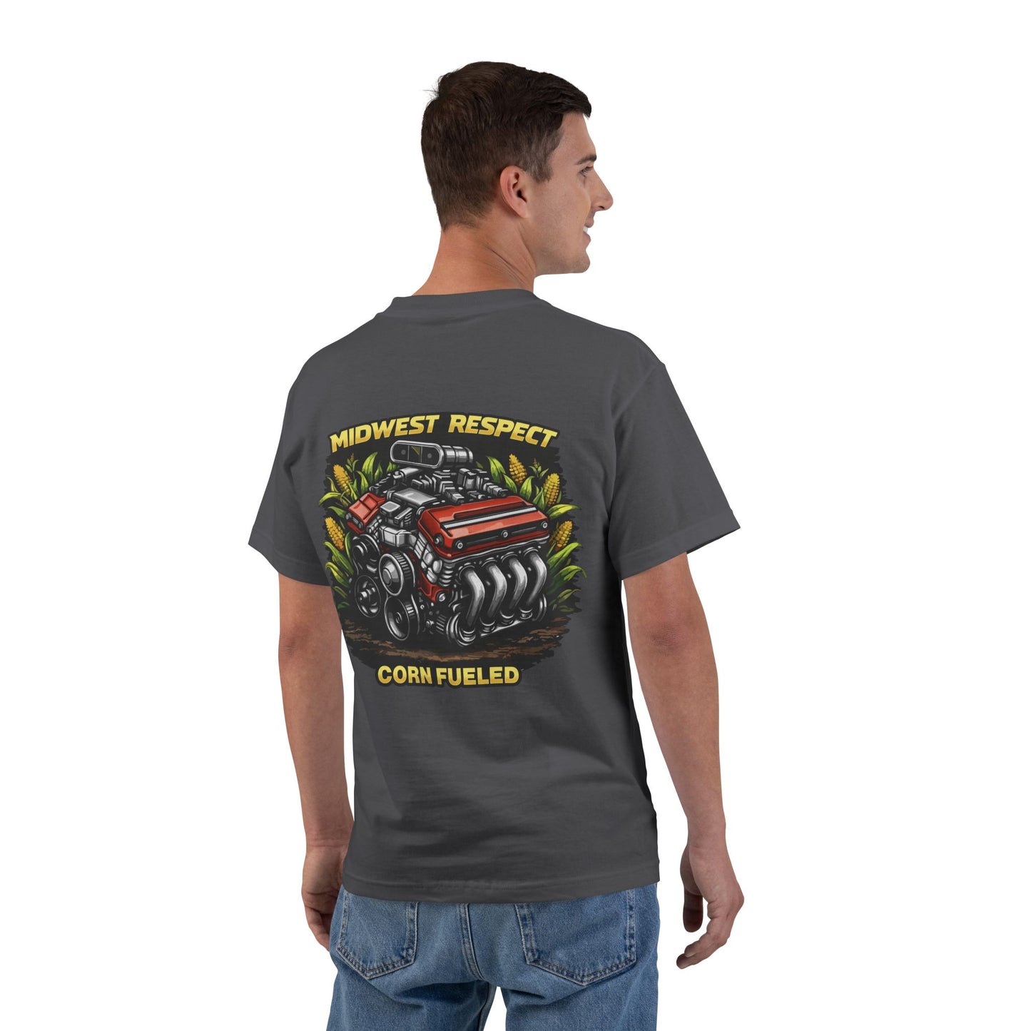 Man wearing a gray t-shirt with a graphic design on the back, featuring an engine and text.