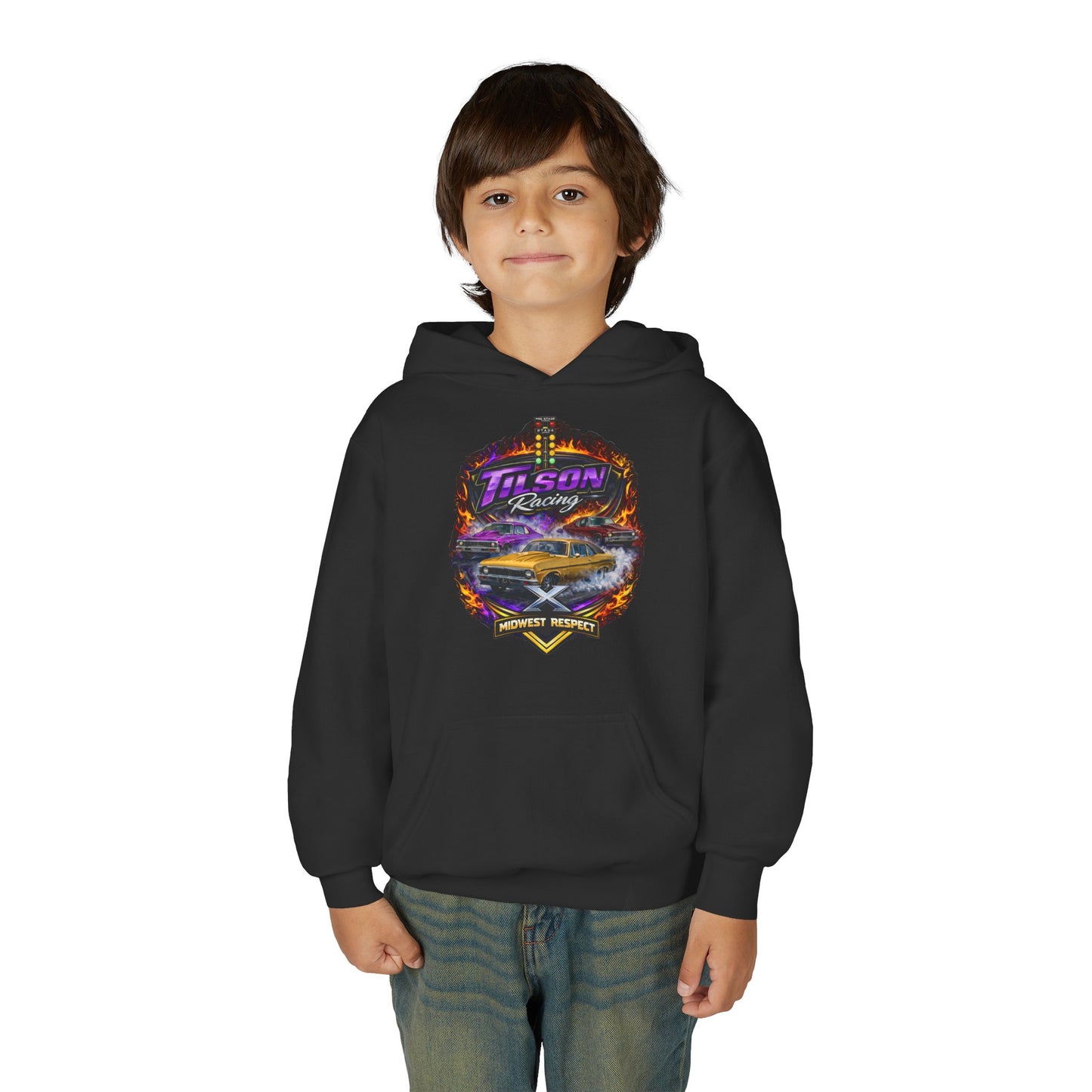 Child wearing a black hoodie with a graphic design on a white background