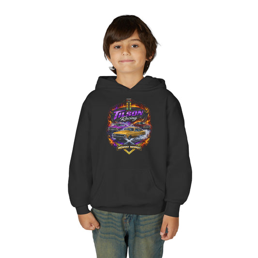 Child wearing a black hoodie with a graphic design on a white background