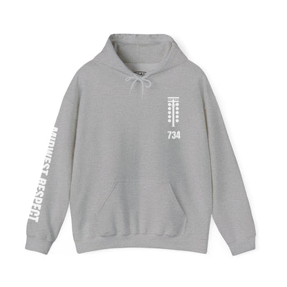 Gray hoodie with white text and logo on a white background