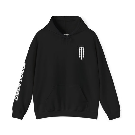 Black hoodie with a graphic design and text on a white background
