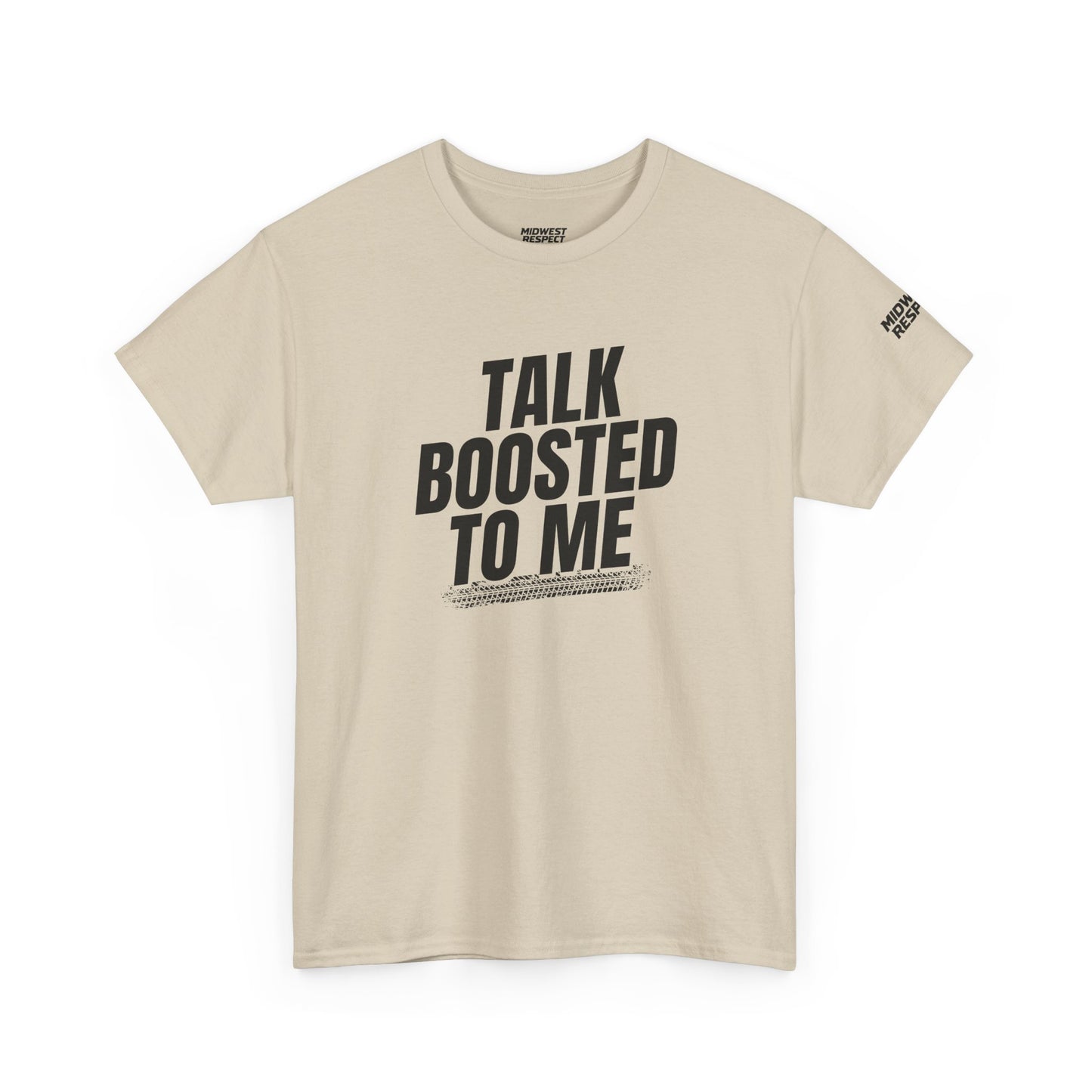 Beige t-shirt with 'Talk Boosted to Me' text on a white background