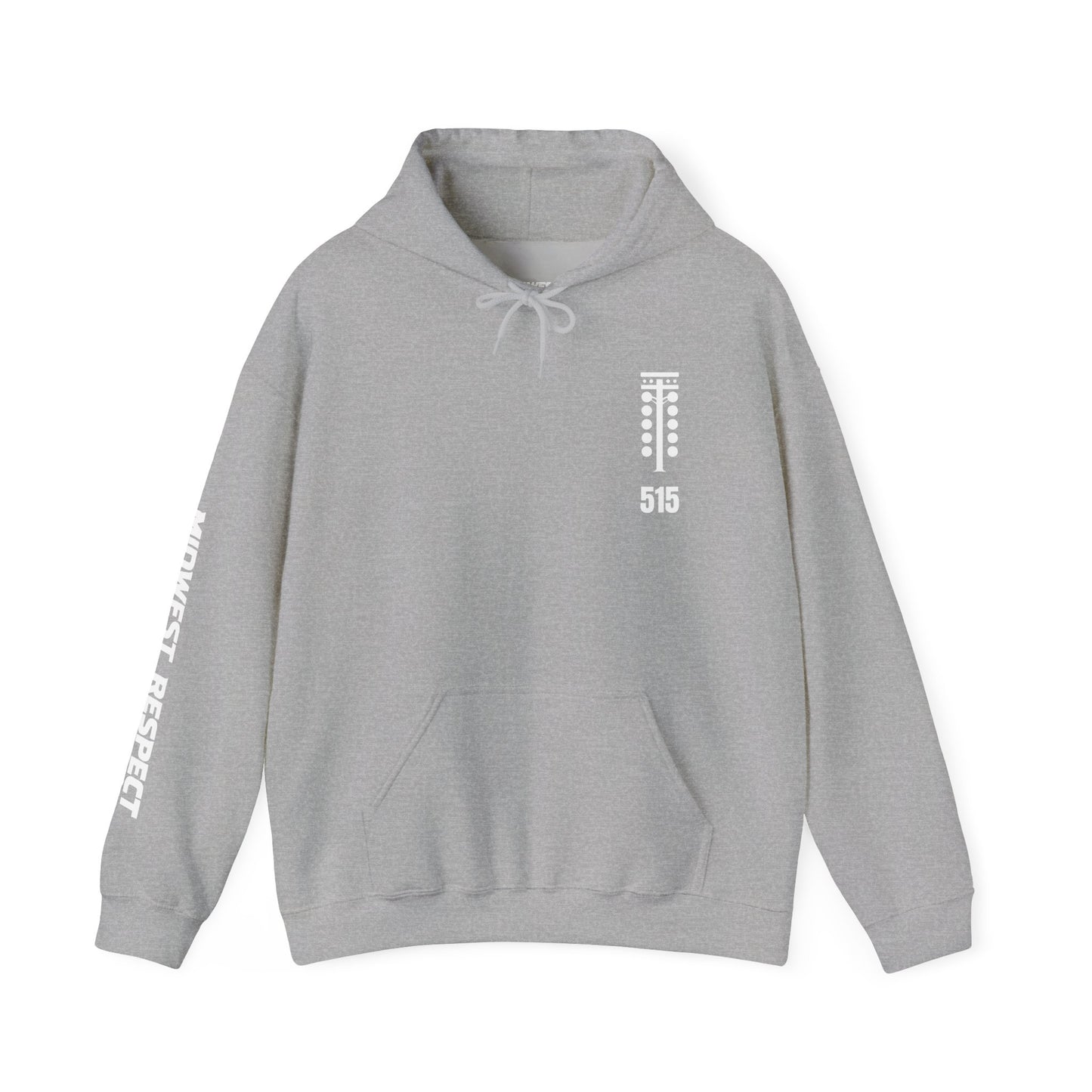 Gray hoodie with a chest graphic on a white background