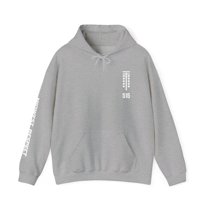 Gray hoodie with a chest graphic on a white background