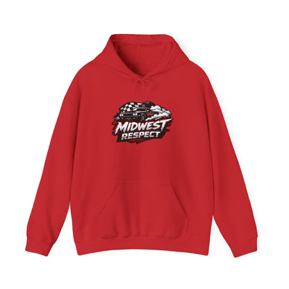 Red hoodie with a graphic muscle car design on a white background.